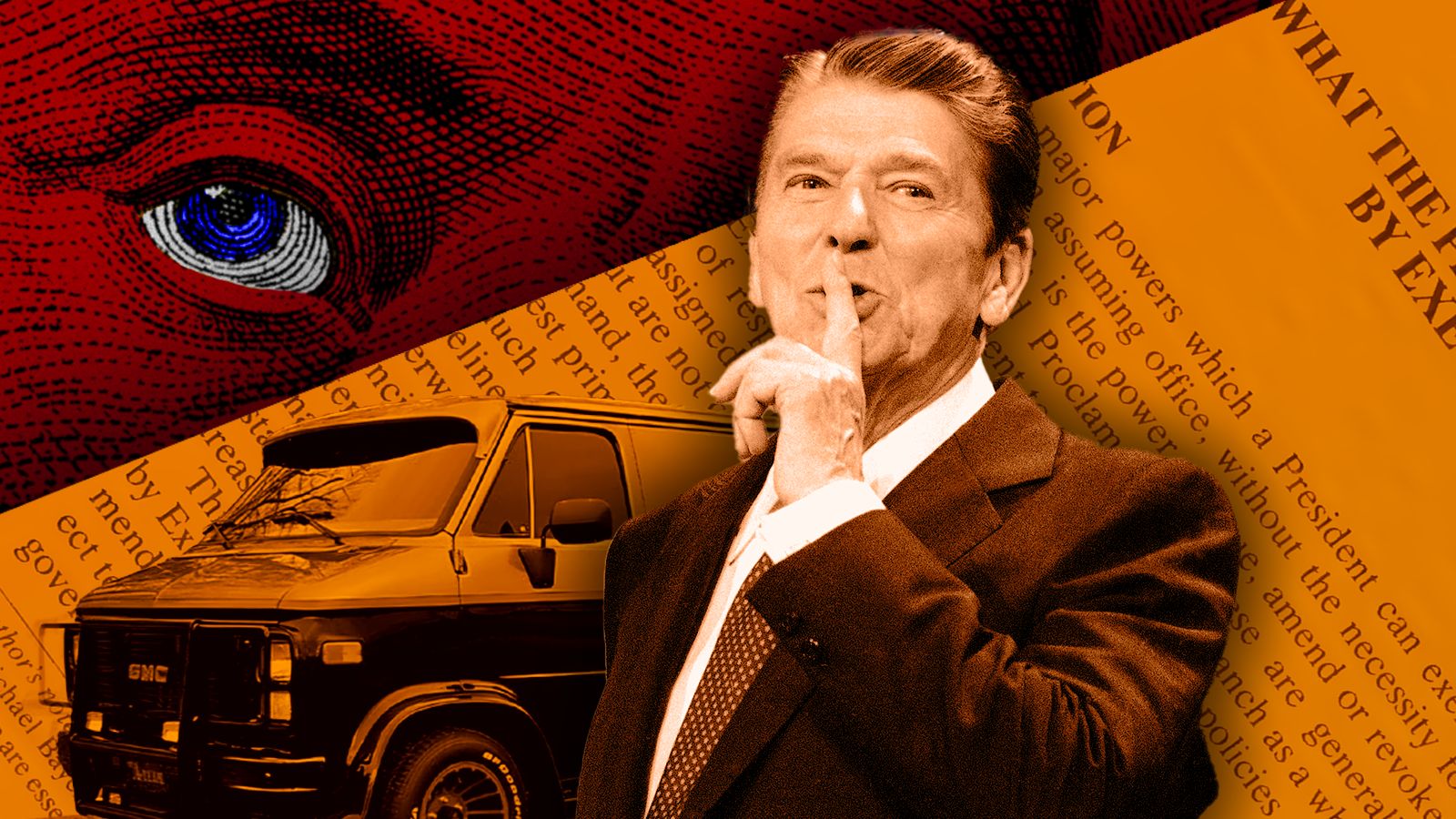 A composite image of Richard Nixon overlaying the A-Team van and text from the Mandate for Leadership.