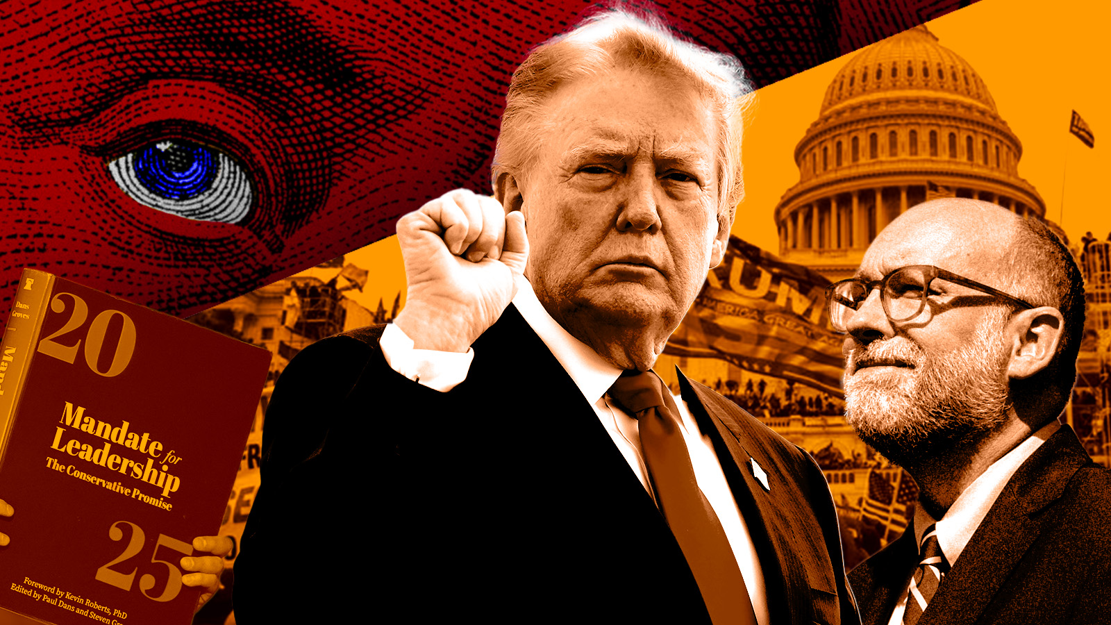 A composite image of President Donald Trump raising his fist. A large copy of the book Project 2025, Russell Vought, and a photo of January 6th, 2021 appear in the background.
